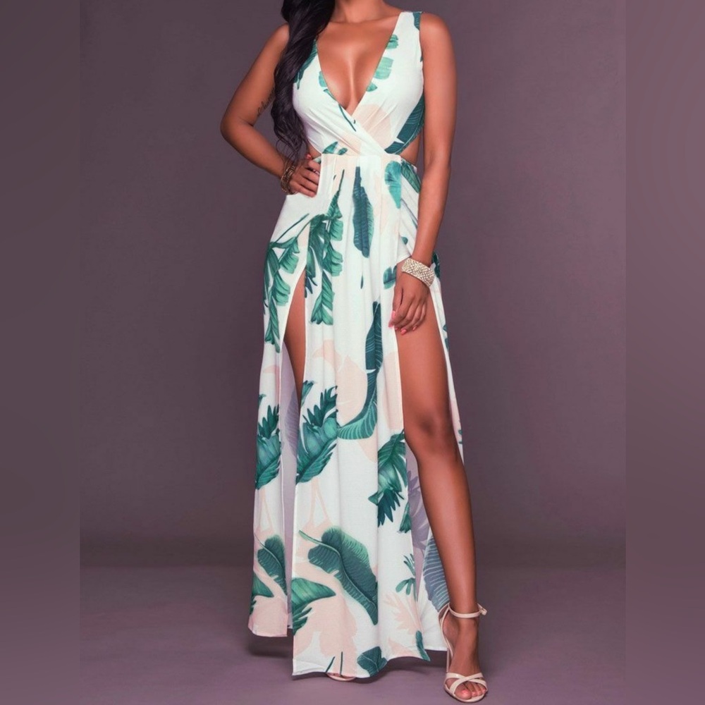 Tropical Leaf Print Maxi Dress